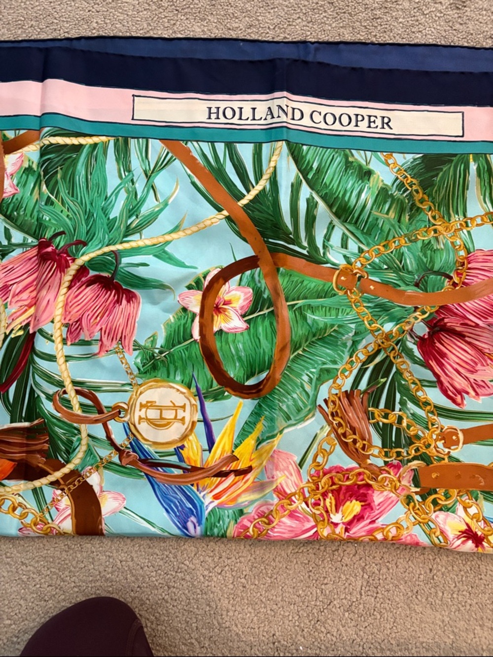 Holland Cooper Tropical Floral Silk Scarf in Aqua & Pink - Picture 4 of 6